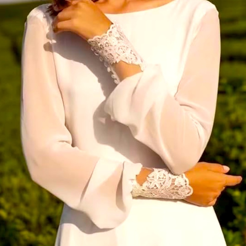 Chiffon long sleeve with lace cuffs boho wedding dress size 10 - Picture 3 of 9